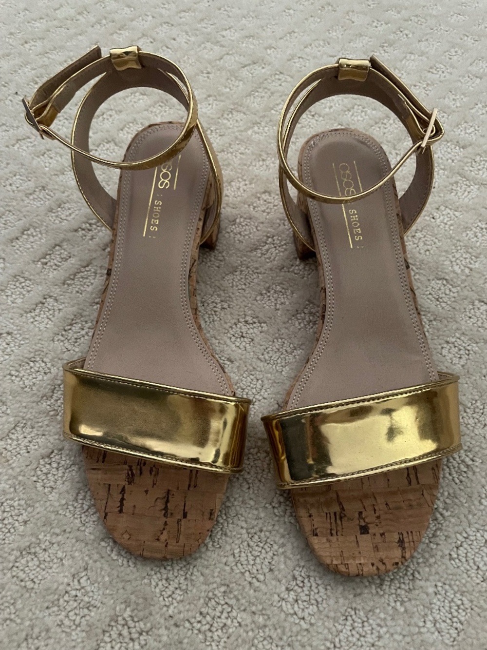 Asos Gold patent leather cork heeled sandals size 6.5